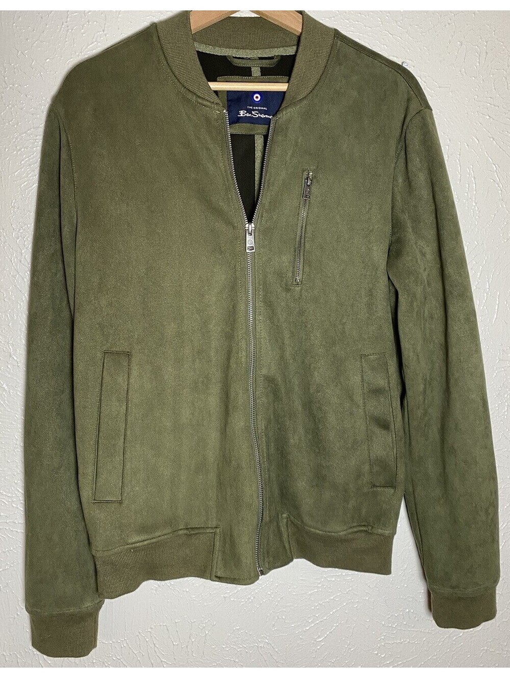 Ben Sherman Men's Bomber Jacket Green Full Zip Up Faux Suede Size Small Olive